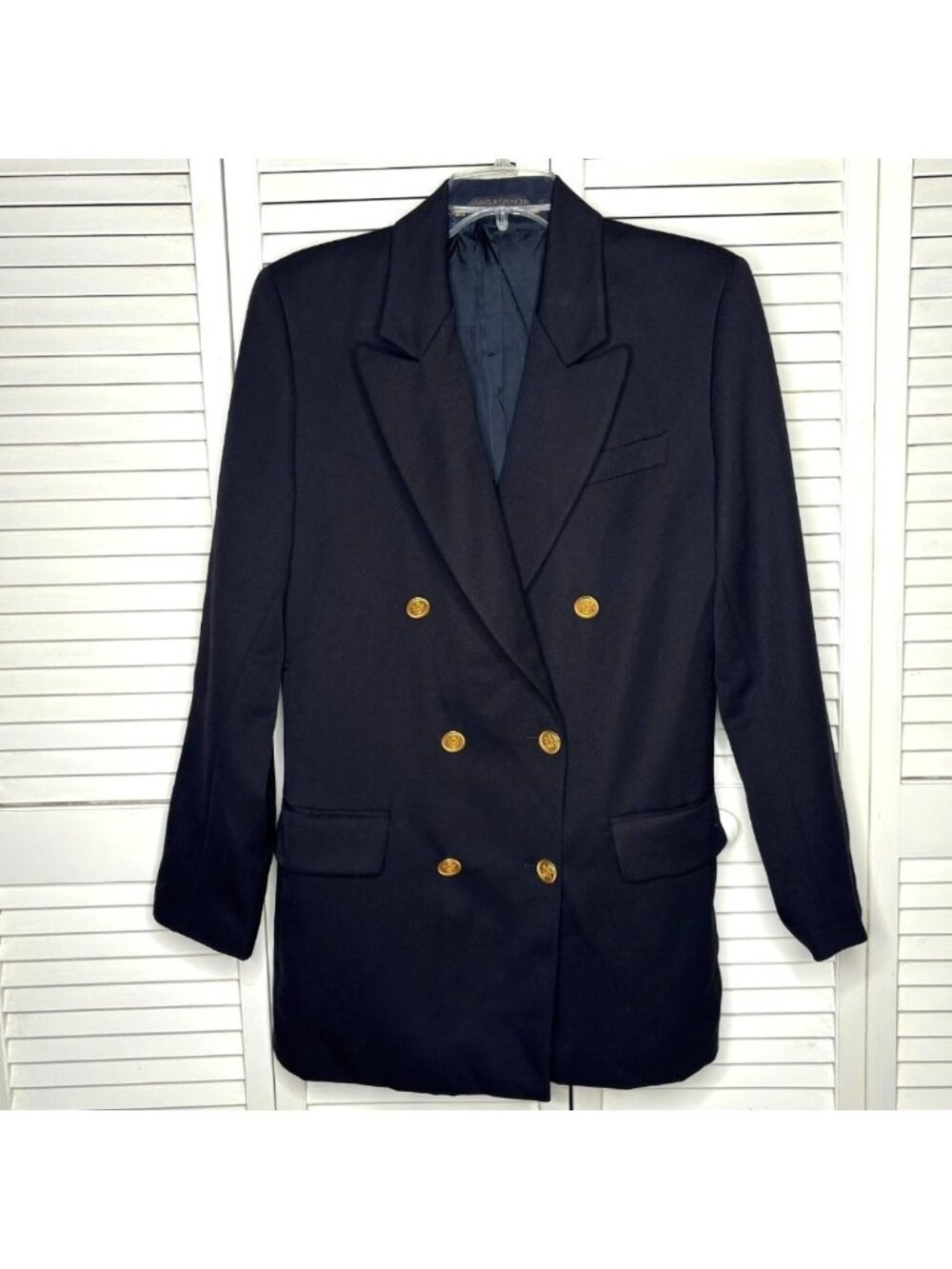 Vtg 80s St Michael Marks & Spencer Navy Wool Double Breasted Blazer US 6 UK 12